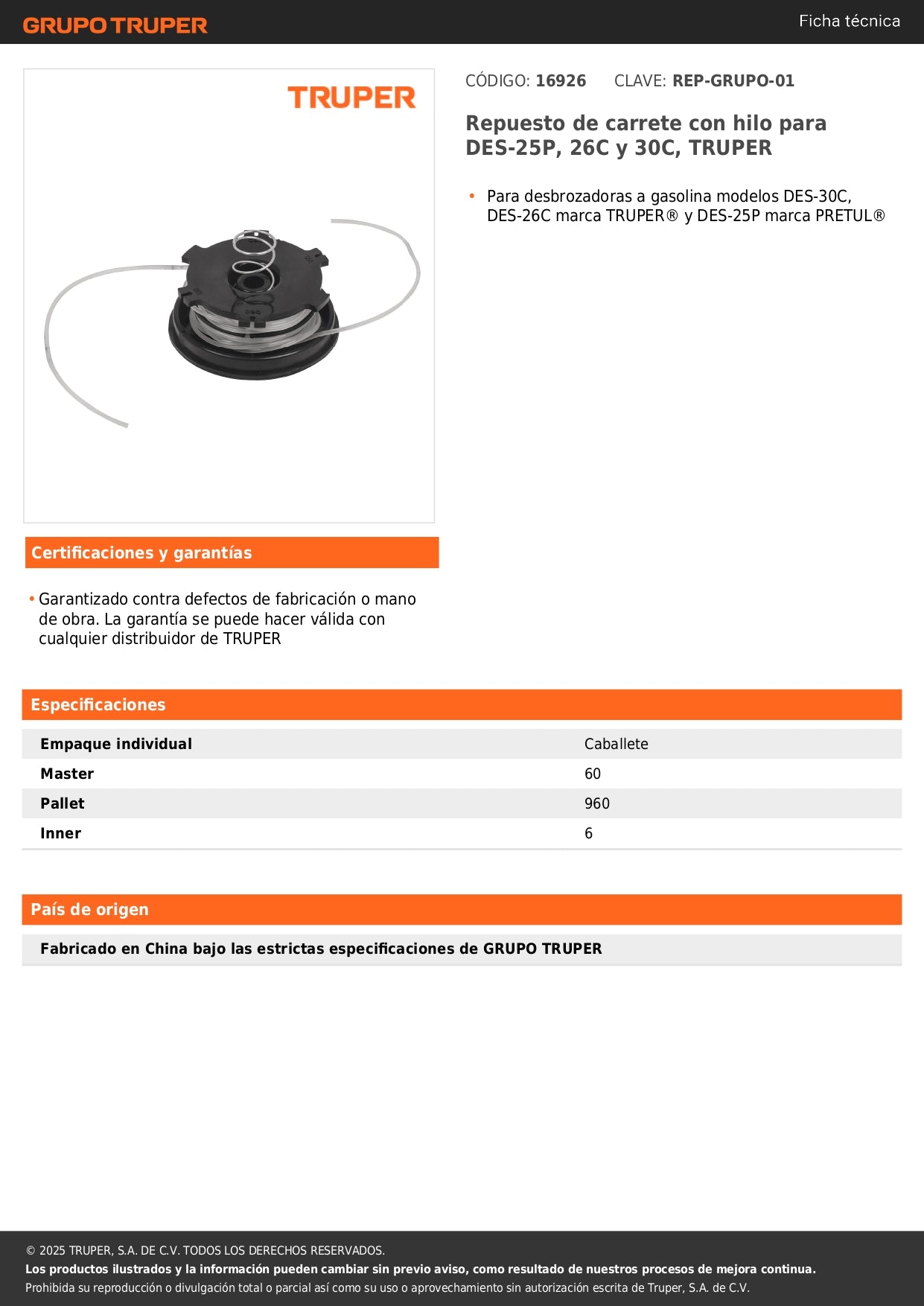 Repuesto de carrete con hilo para DES-25P, 26C y 30C, TRUPER