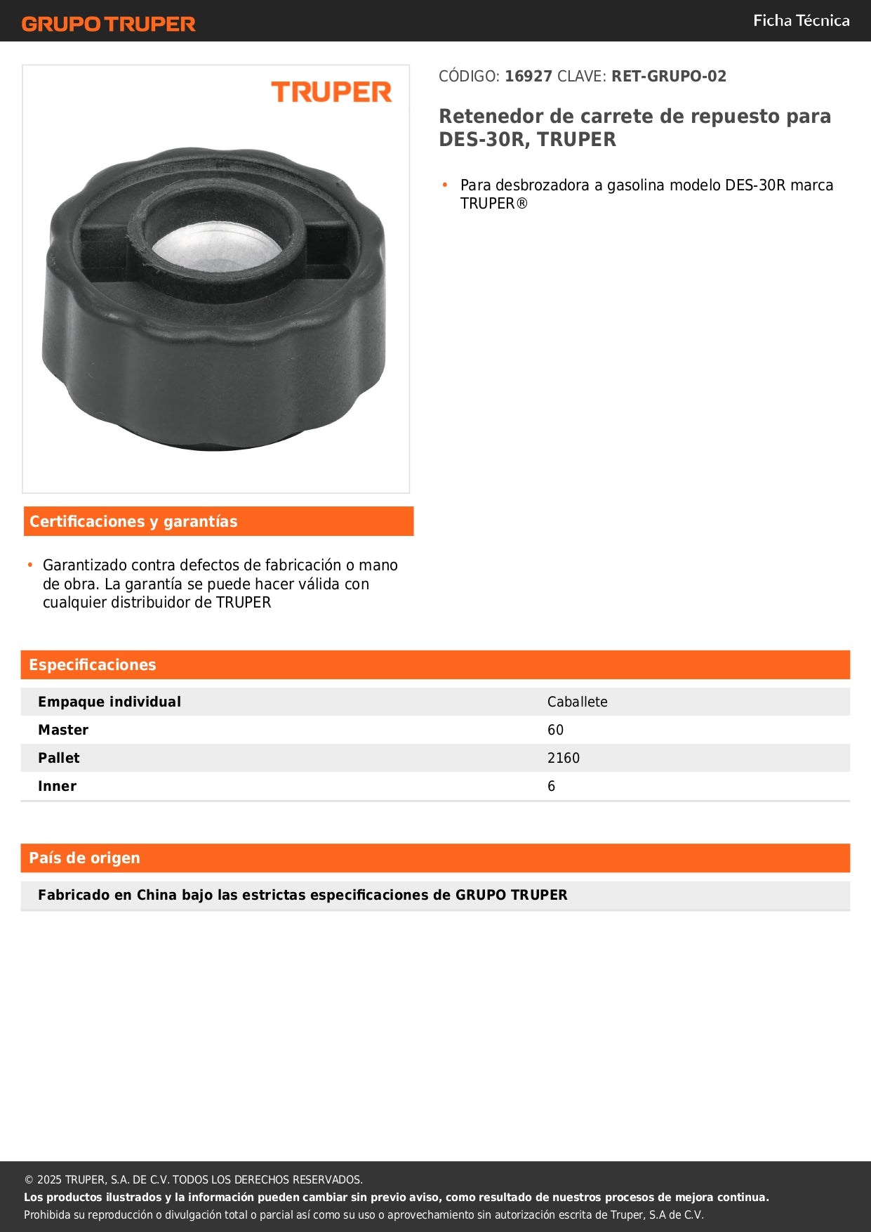 Retenedor de carrete de repuesto para DES-30R, TRUPER