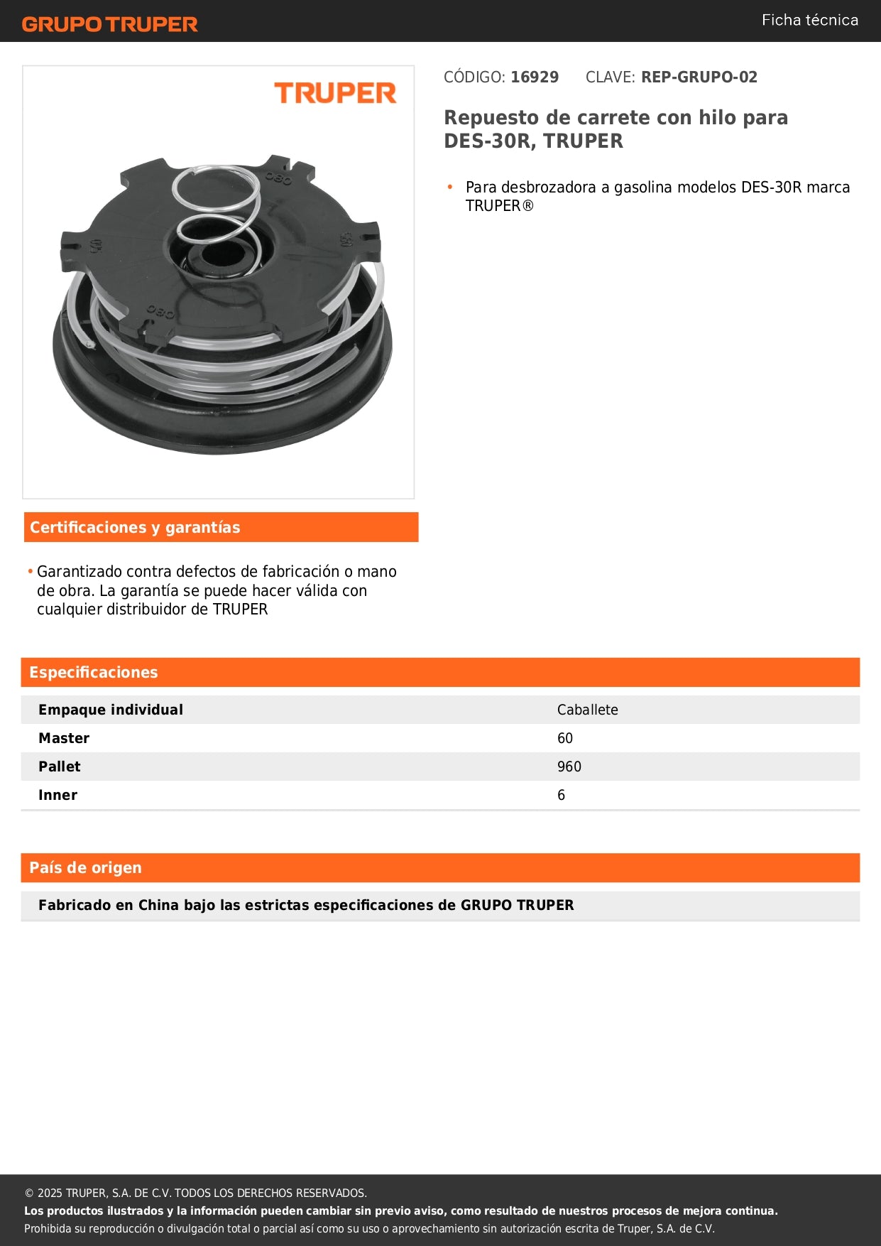Repuesto de carrete con hilo para DES-30R, TRUPER