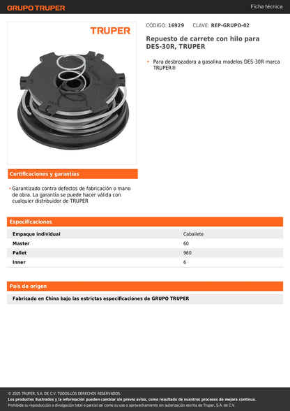 Repuesto de carrete con hilo para DES-30R, TRUPER