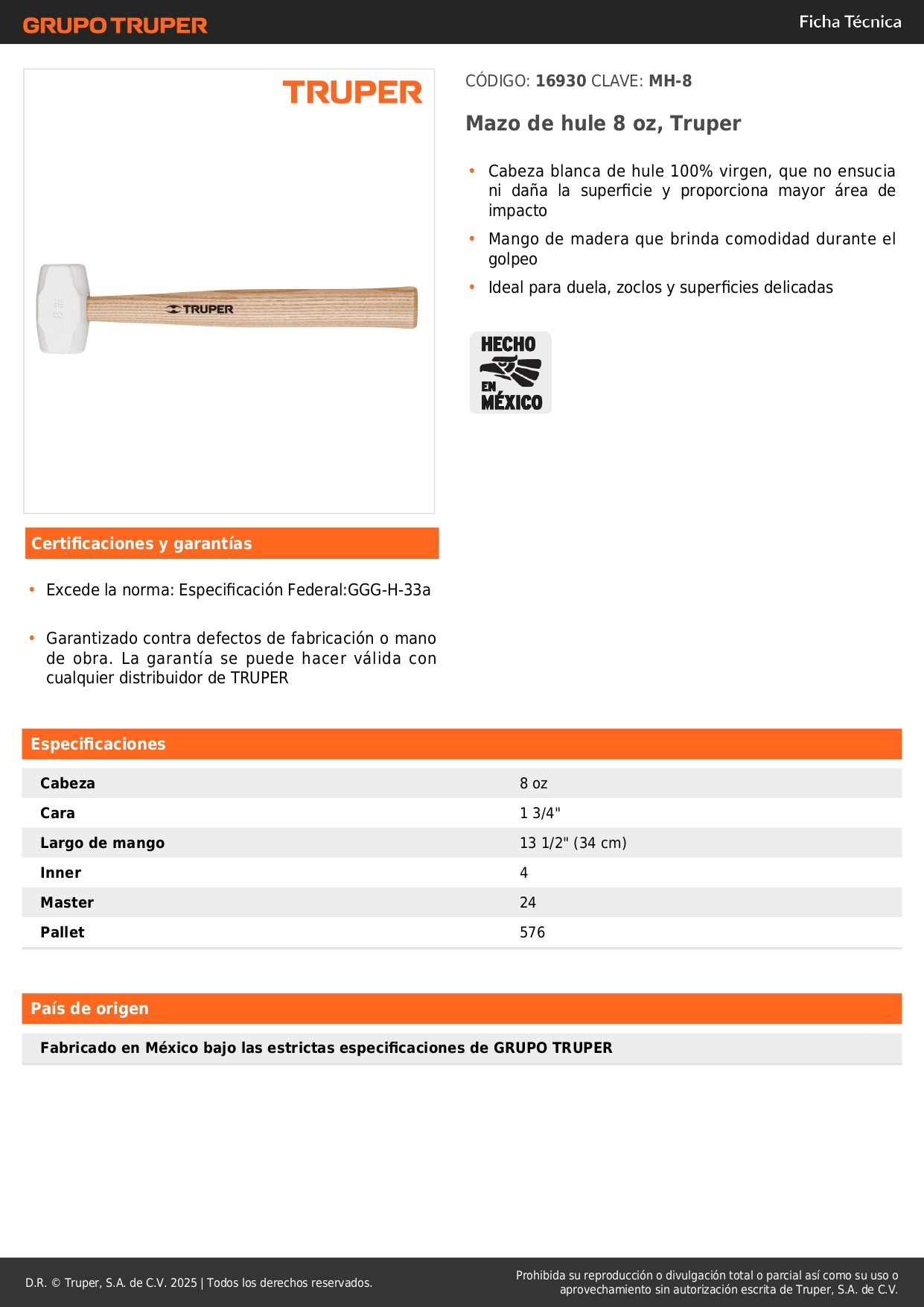 Mazo de Hule 8 oz Truper MH-8 - Protege Superficies Delicadas sin Dañar - Ideal para Duela y Zoclos