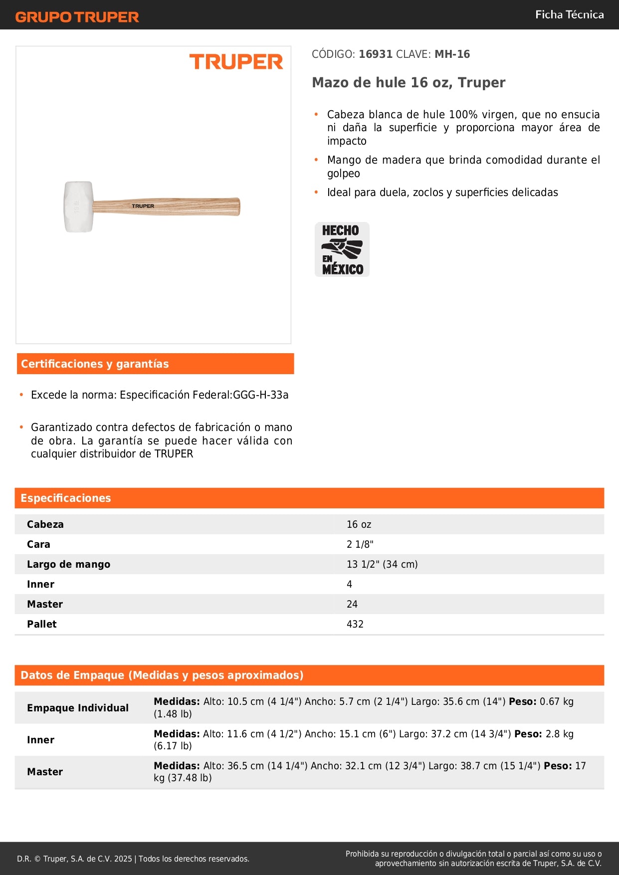 Mazo de Hule 16 oz Truper MH-16 - Protege Superficies Delicadas sin Dañar - Ideal para Duela y Zoclos