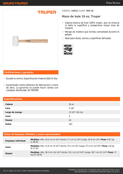 Mazo de Hule 16 oz Truper MH-16 - Protege Superficies Delicadas sin Dañar - Ideal para Duela y Zoclos
