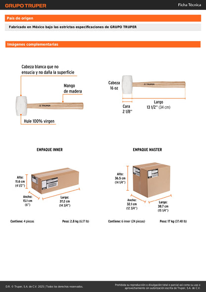 Mazo de Hule 16 oz Truper MH-16 - Protege Superficies Delicadas sin Dañar - Ideal para Duela y Zoclos