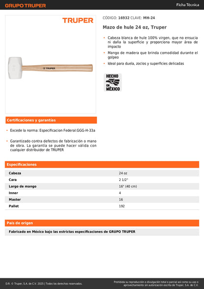 Mazo de Hule 24 oz Truper MH-24 - Cabeza Blanca Antideslizante para Duela y Superficies Delicadas - Mango Ergonómico de Madera