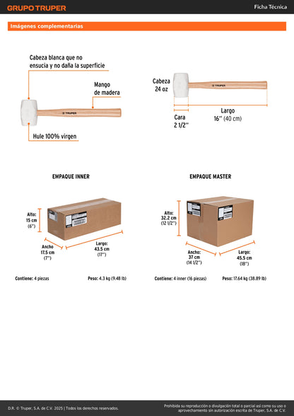 Mazo de Hule 24 oz Truper MH-24 - Cabeza Blanca Antideslizante para Duela y Superficies Delicadas - Mango Ergonómico de Madera