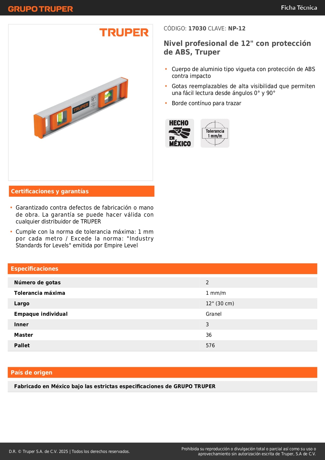 Nivel Profesional 12 Pulgadas Truper NP-12 - Cuerpo Aluminio con Protección ABS - Gotas Reemplazables Alta Visibilidad - Solución Precisa para Construcción y Carpintería