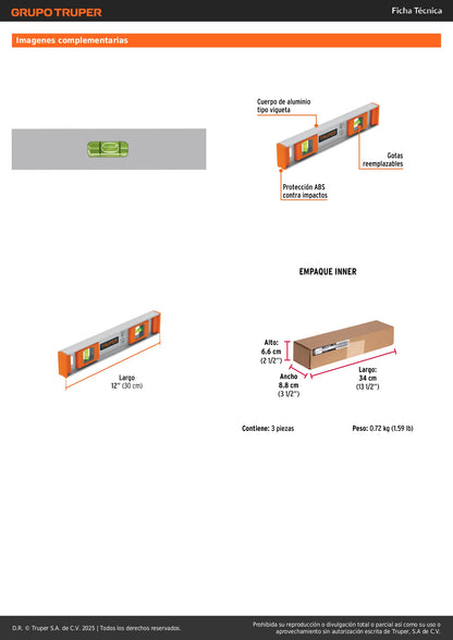 Nivel Profesional 12 Pulgadas Truper NP-12 - Cuerpo Aluminio con Protección ABS - Gotas Reemplazables Alta Visibilidad - Solución Precisa para Construcción y Carpintería