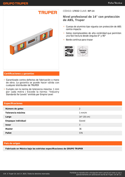Nivel Profesional Truper 14 Pulgadas con Protección ABS - Aluminio Tipo Vigueta - Gotas Reemplazables Alta Visibilidad - NP-14