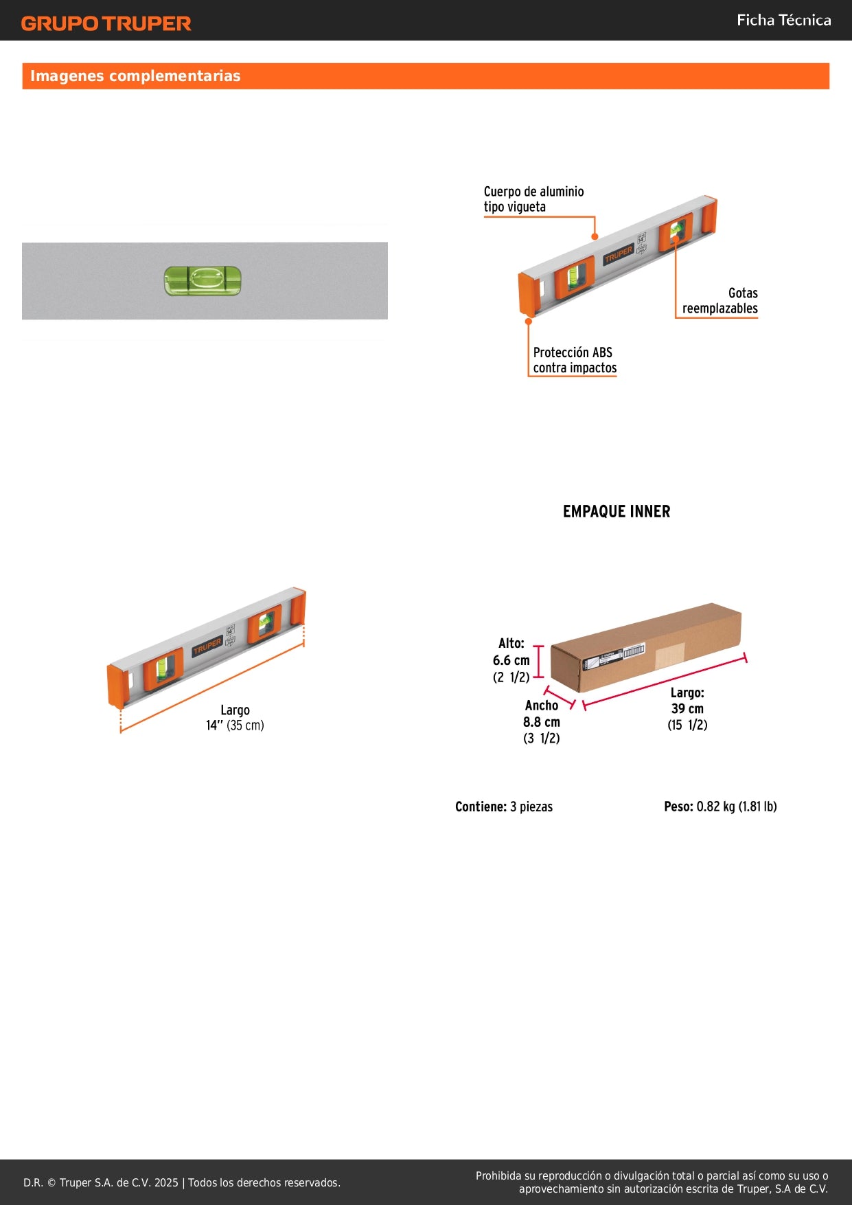 Nivel Profesional Truper 14 Pulgadas con Protección ABS - Aluminio Tipo Vigueta - Gotas Reemplazables Alta Visibilidad - NP-14