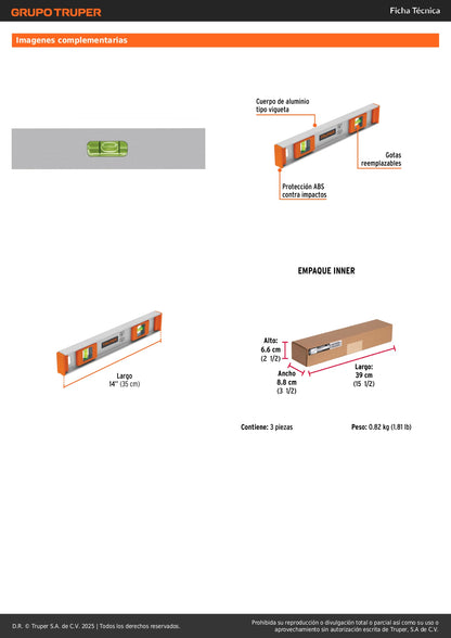 Nivel Profesional Truper 14 Pulgadas con Protección ABS - Aluminio Tipo Vigueta - Gotas Reemplazables Alta Visibilidad - NP-14