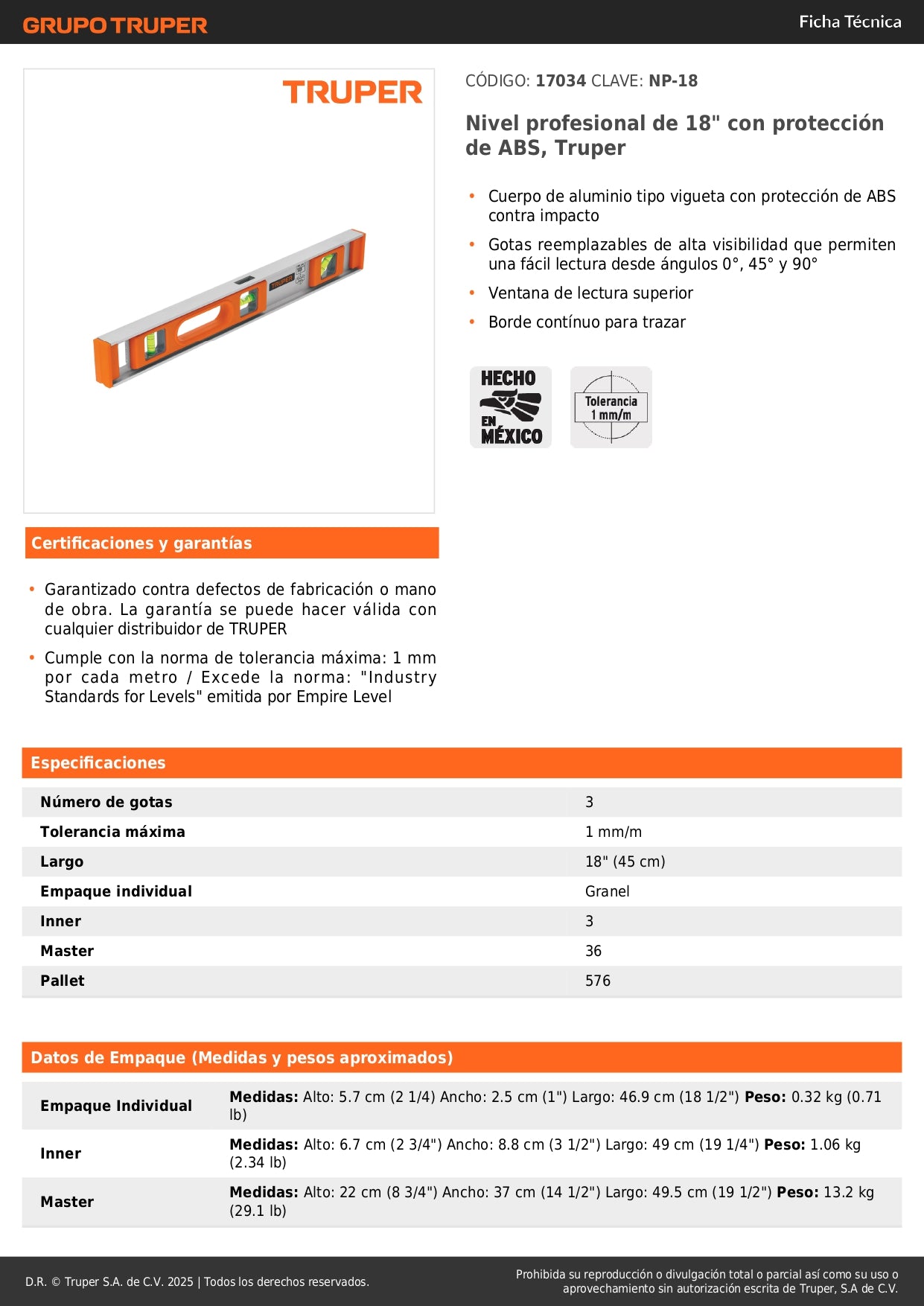 Nivel Profesional Truper 18 Pulgadas con Protección ABS - Solución Precisa para Construcción y Carpintería - Modelo NP-18