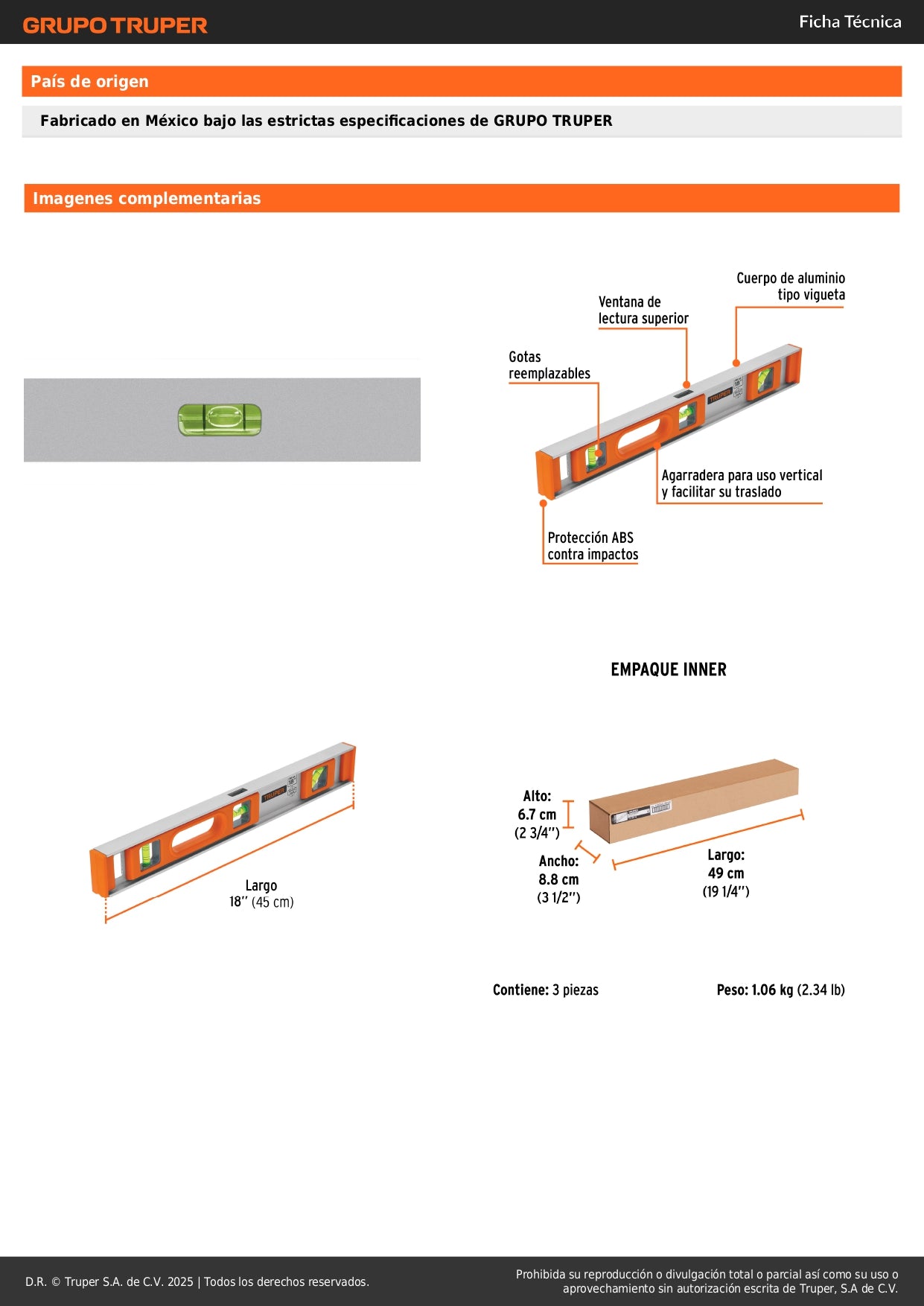 Nivel Profesional Truper 18 Pulgadas con Protección ABS - Solución Precisa para Construcción y Carpintería - Modelo NP-18