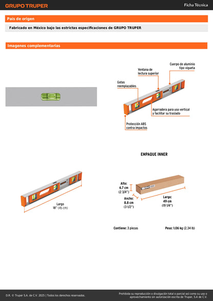 Nivel Profesional Truper 18 Pulgadas con Protección ABS - Solución Precisa para Construcción y Carpintería - Modelo NP-18