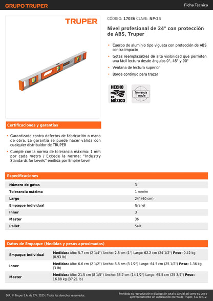 Nivel Profesional Truper 24 Pulgadas con Protección ABS - Herramienta de Precisión para Construcción y Carpintería - Gotas Reemplazables Alta Visibilidad - Modelo NP-24