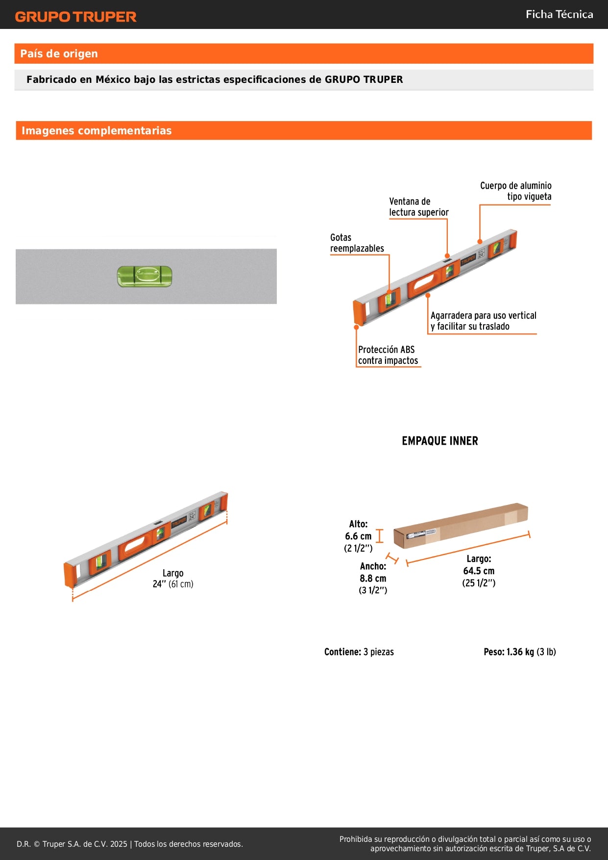 Nivel Profesional Truper 24 Pulgadas con Protección ABS - Herramienta de Precisión para Construcción y Carpintería - Gotas Reemplazables Alta Visibilidad - Modelo NP-24