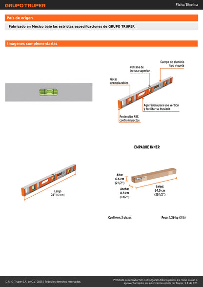 Nivel Profesional Truper 24 Pulgadas con Protección ABS - Herramienta de Precisión para Construcción y Carpintería - Gotas Reemplazables Alta Visibilidad - Modelo NP-24