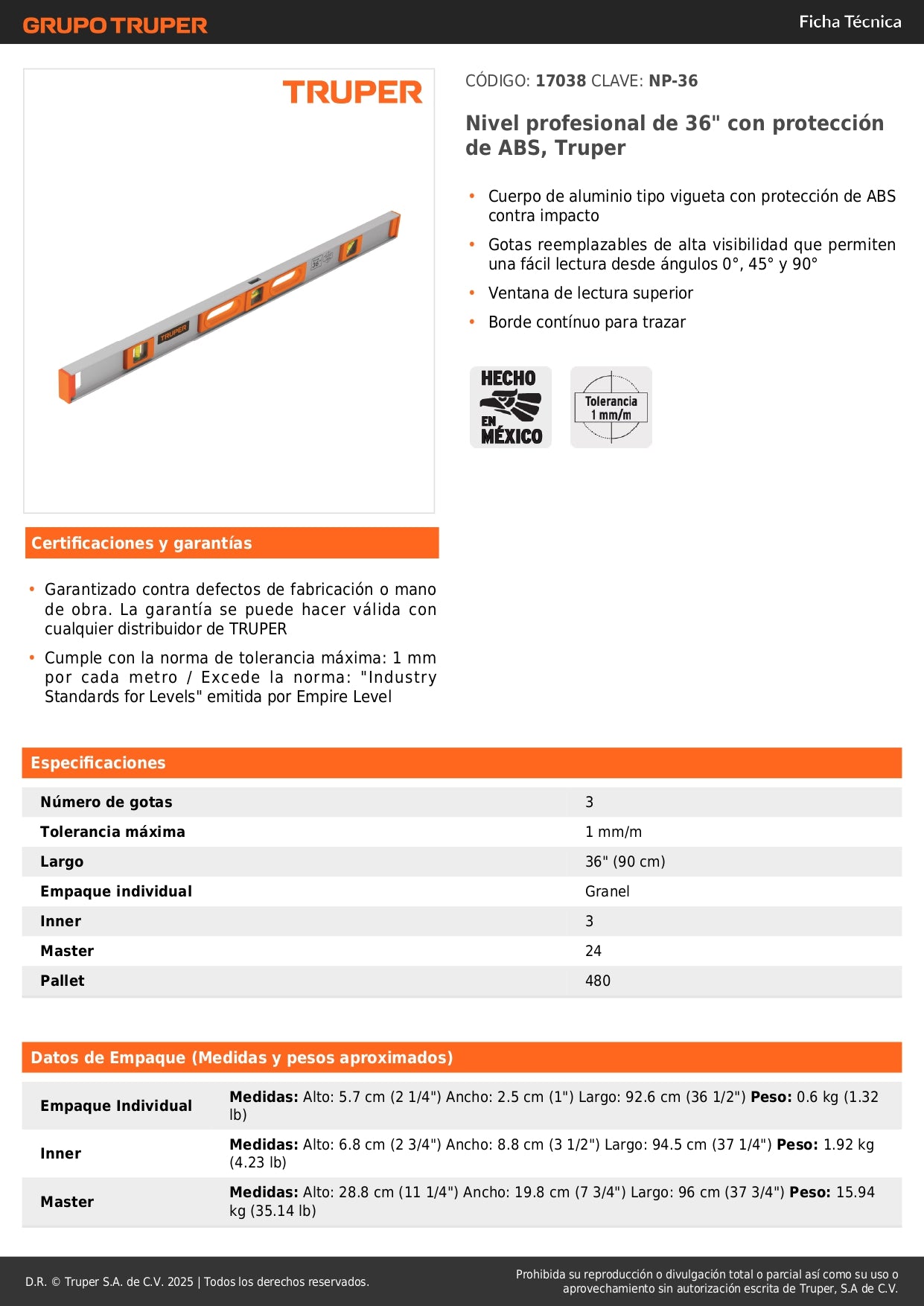 Nivel Profesional Truper 36 Pulgadas con Protección ABS - Aluminio Tipo Vigueta - Gotas Reemplazables Alta Visibilidad - Solución Precisa para Construcción y Carpintería