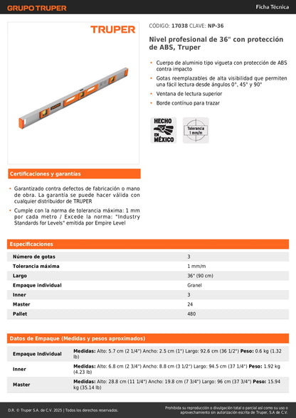 Nivel Profesional Truper 36 Pulgadas con Protección ABS - Aluminio Tipo Vigueta - Gotas Reemplazables Alta Visibilidad - Solución Precisa para Construcción y Carpintería