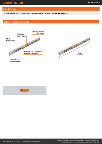 Nivel Profesional Truper 36 Pulgadas con Protección ABS - Aluminio Tipo Vigueta - Gotas Reemplazables Alta Visibilidad - Solución Precisa para Construcción y Carpintería