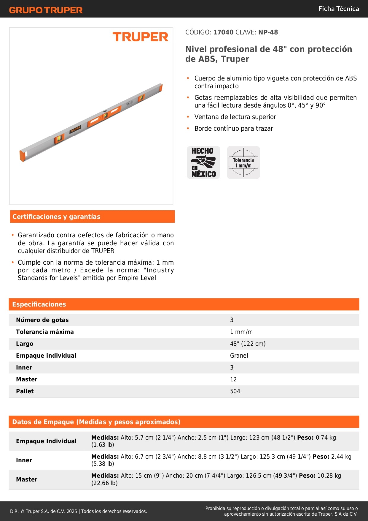 Nivel Profesional Truper 48 Pulgadas con Protección ABS - Medición Precisa 0°, 45° y 90° - Cuerpo Aluminio Vigueta - NP-48