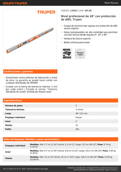 Nivel Profesional Truper 48 Pulgadas con Protección ABS - Medición Precisa 0°, 45° y 90° - Cuerpo Aluminio Vigueta - NP-48