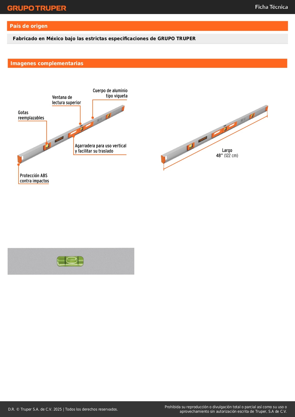 Nivel Profesional Truper 48 Pulgadas con Protección ABS - Medición Precisa 0°, 45° y 90° - Cuerpo Aluminio Vigueta - NP-48