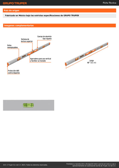 Nivel Profesional Truper 48 Pulgadas con Protección ABS - Medición Precisa 0°, 45° y 90° - Cuerpo Aluminio Vigueta - NP-48