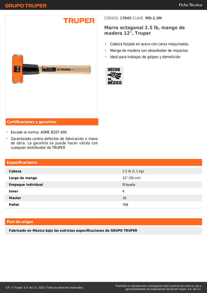 Marro Octagonal 2.5 lb Truper MD-2.5M - Cabeza Forjada Acero - Mango Madera 12" - Demolición y Golpeo Profesional