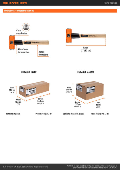 Marro Octagonal 2.5 lb Truper MD-2.5M - Cabeza Forjada Acero - Mango Madera 12" - Demolición y Golpeo Profesional