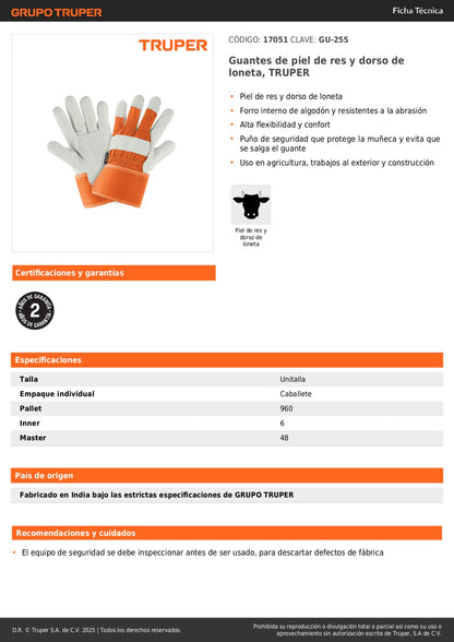 Guantes de Seguridad Industrial TRUPER GU-255 - Piel de Res con Dorso de Loneta para Construcción y Agricultura