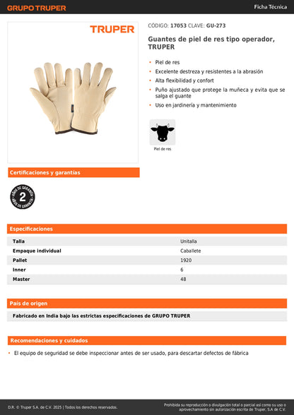 Guantes de Piel de Res TRUPER GU-273 - Protección Profesional para Jardinería y Mantenimiento Industrial