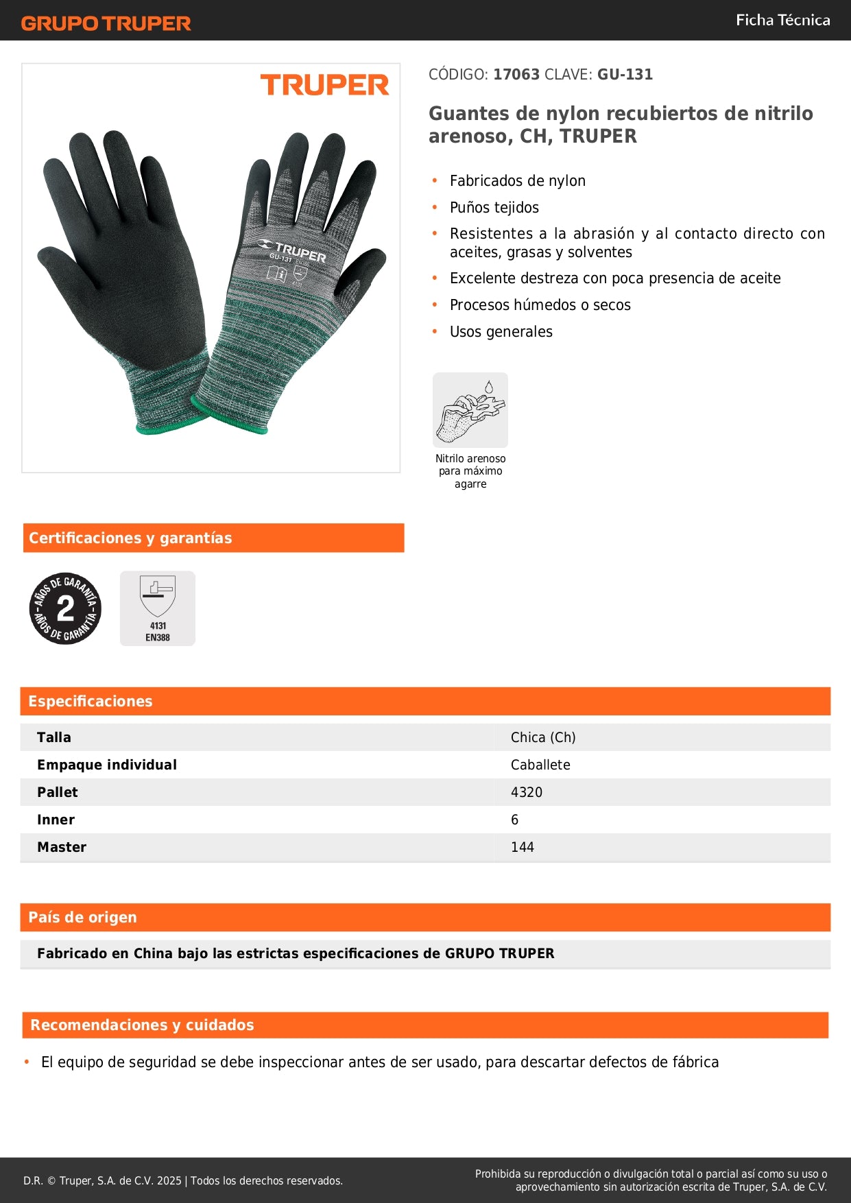 Guantes de Nylon con Recubrimiento de Nitrilo Arenoso TRUPER GU-131 - Protección Profesional contra Aceites, Grasas y Solventes
