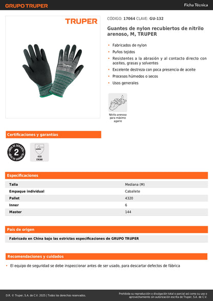 Guantes de Nylon con Recubrimiento de Nitrilo Arenoso TRUPER GU-132 - Protección Profesional contra Aceites, Grasas y Solventes - Talla M - Resistentes a Abrasión para Trabajo Industrial