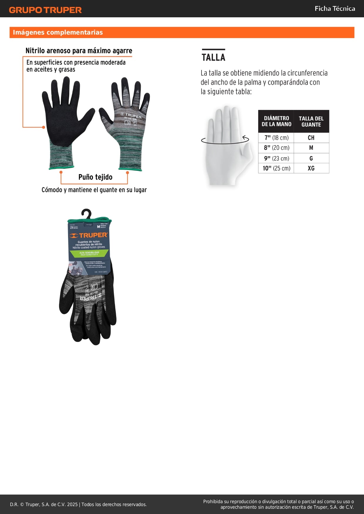 Guantes de Nylon con Recubrimiento de Nitrilo Arenoso TRUPER GU-132 - Protección Profesional contra Aceites, Grasas y Solventes - Talla M - Resistentes a Abrasión para Trabajo Industrial
