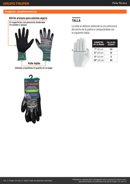 Guantes de Nylon con Recubrimiento de Nitrilo Arenoso TRUPER GU-132 - Protección Profesional contra Aceites, Grasas y Solventes - Talla M - Resistentes a Abrasión para Trabajo Industrial