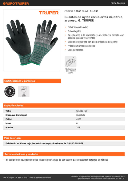 Guantes de Nitrilo TRUPER GU-133 - Protección Profesional Antideslizante para Trabajo con Aceites y Solventes - Talla G