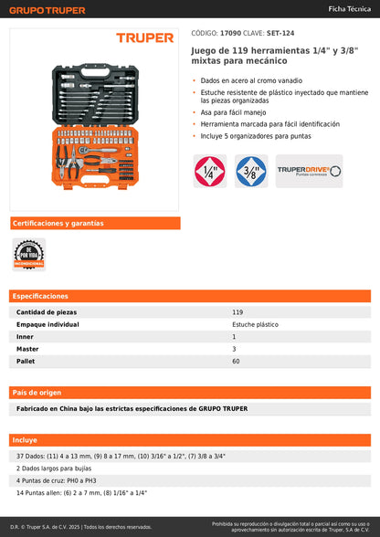 Juego de Herramientas Mecánico 119 Piezas 1/4 y 3/8 Pulgadas - SET-124 Dados Cromo Vanadio con Estuche Organizador para Reparación Automotriz y Mantenimiento Industrial