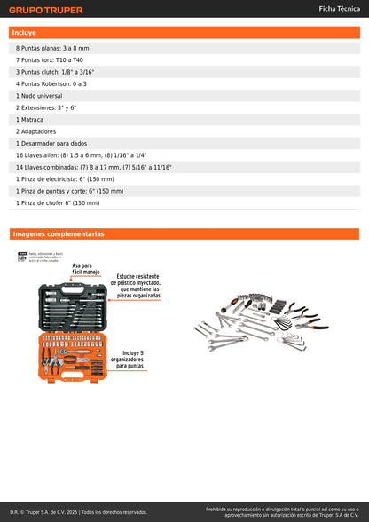 Juego de Herramientas Mecánico 119 Piezas 1/4 y 3/8 Pulgadas - SET-124 Dados Cromo Vanadio con Estuche Organizador para Reparación Automotriz y Mantenimiento Industrial