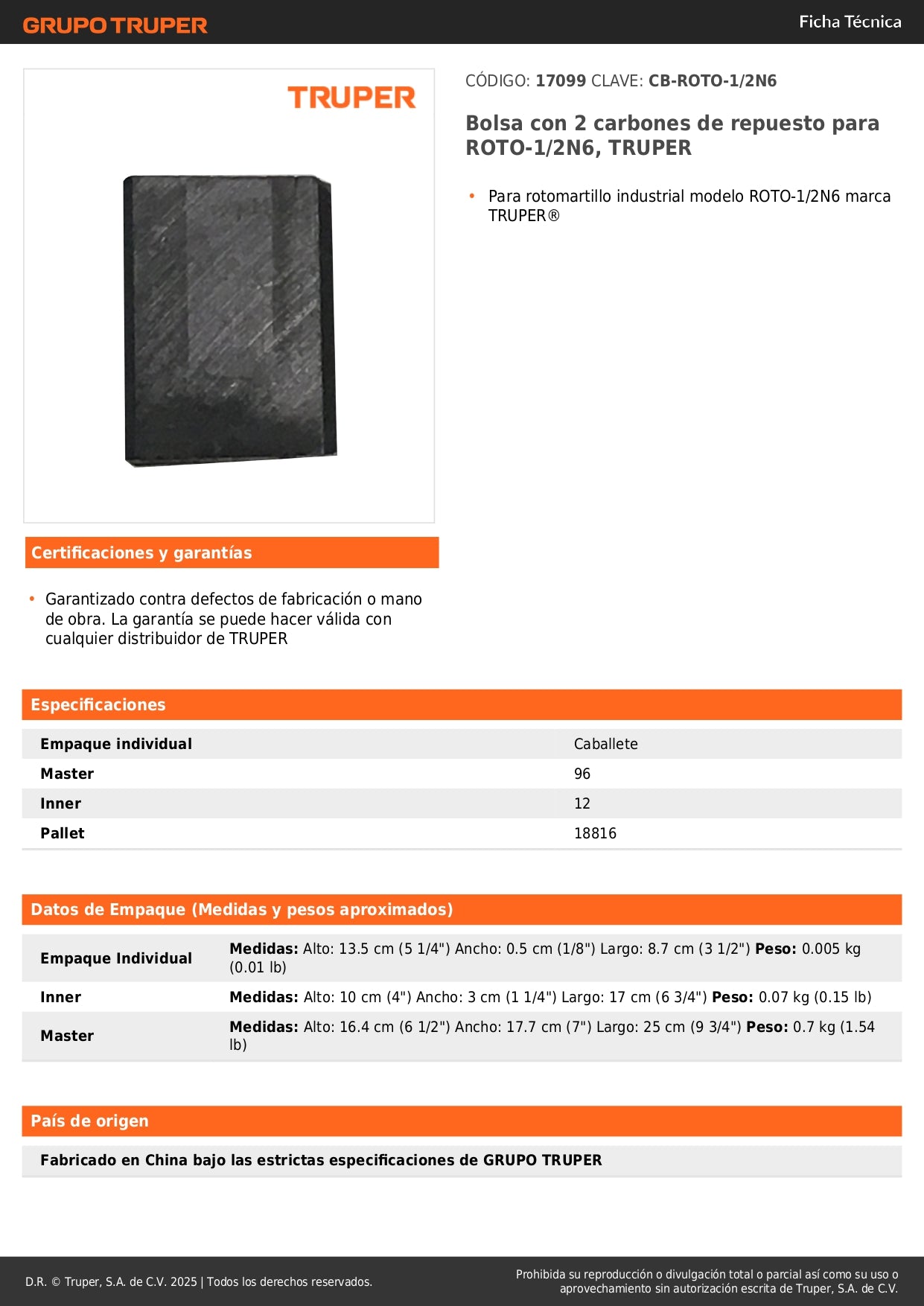 Bolsa con 2 carbones de repuesto para ROTO-1/2N6, TRUPER