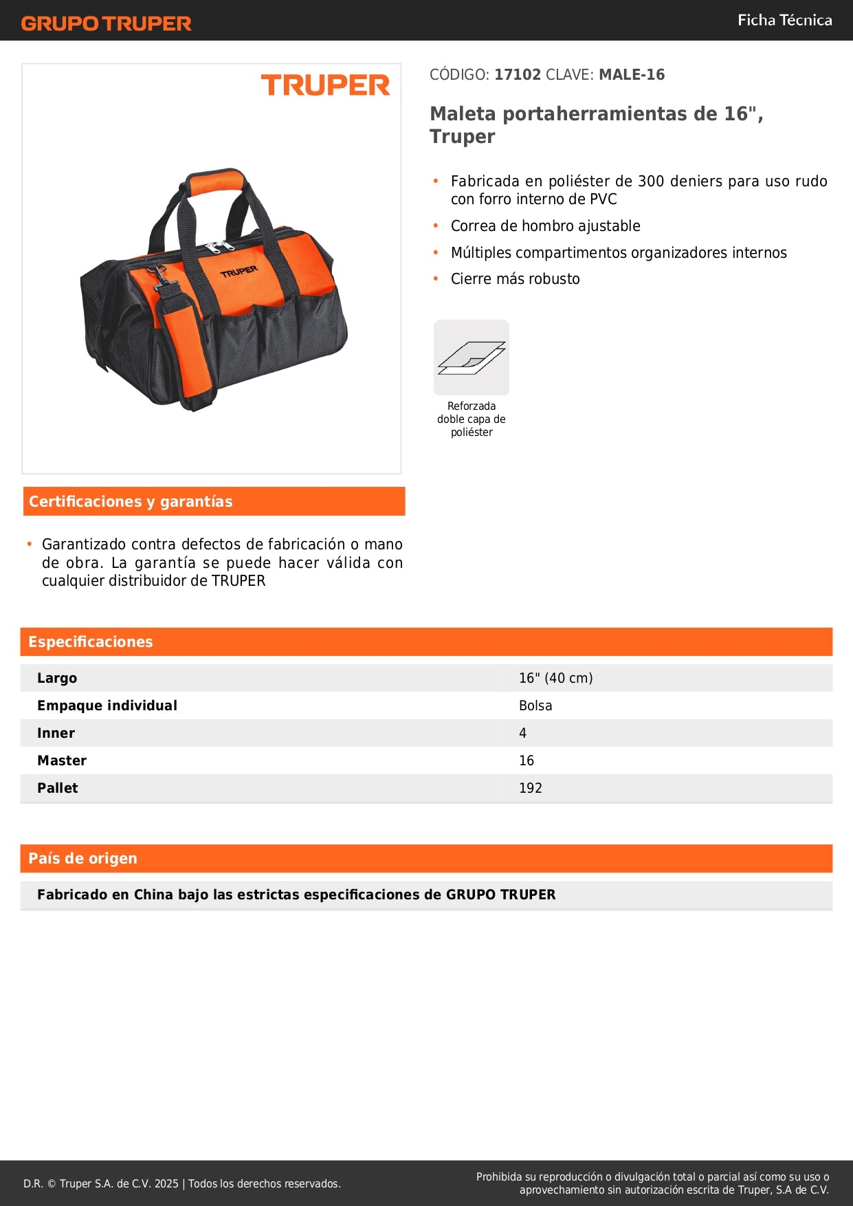 Maleta Portaherramientas Profesional 16" TRUPER MALE-16 - Organiza y Transporta Herramientas de Forma Segura