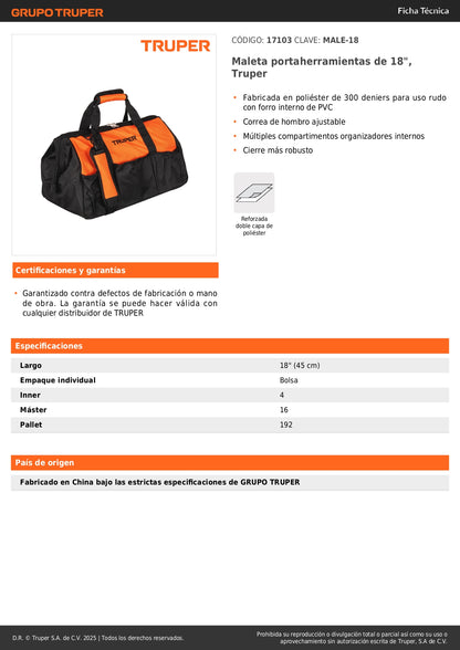 Maleta Portaherramientas Profesional 18" Truper MALE-18 - Organiza y Transporta Herramientas con Seguridad