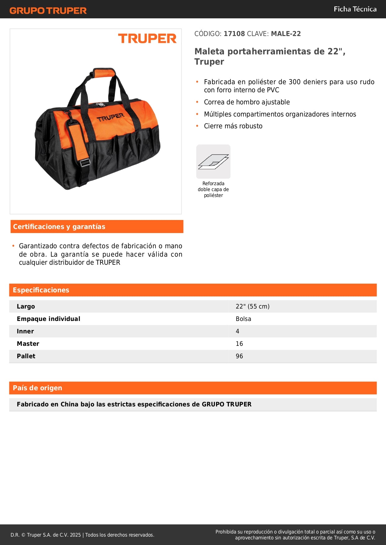 Maleta Portaherramientas Truper 22 Pulgadas - Poliéster 300D Uso Rudo con Compartimentos Organizadores - Solución Profesional para Transporte y Organización de Herramientas - MALE-22