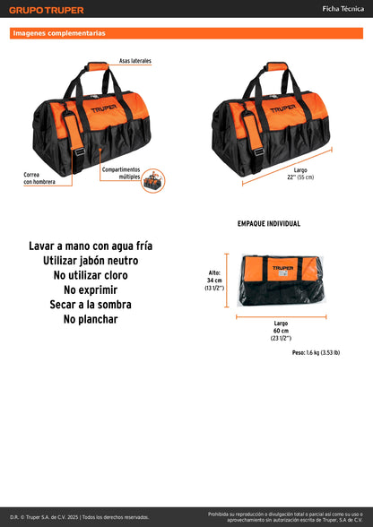 Maleta Portaherramientas Truper 22 Pulgadas - Poliéster 300D Uso Rudo con Compartimentos Organizadores - Solución Profesional para Transporte y Organización de Herramientas - MALE-22