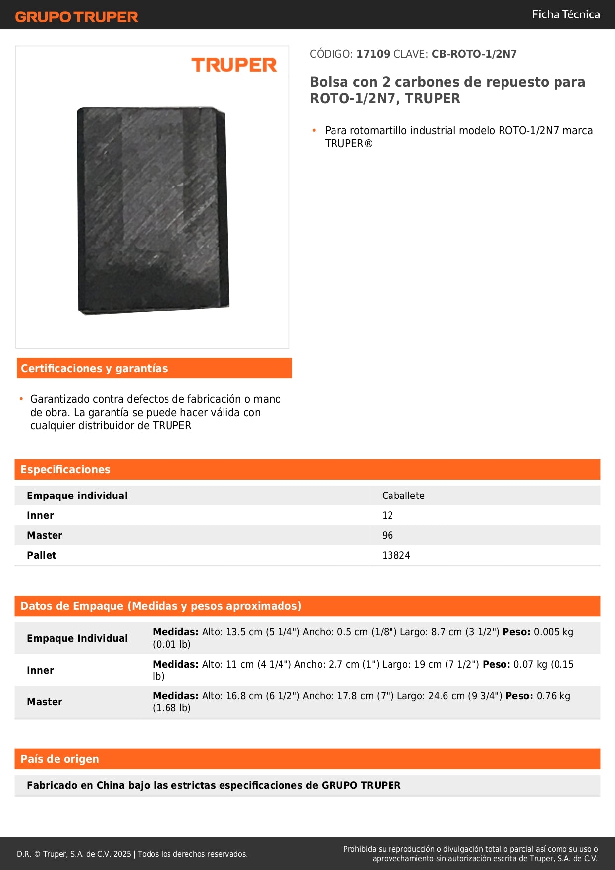 Bolsa con 2 carbones de repuesto para ROTO-1/2N7, TRUPER