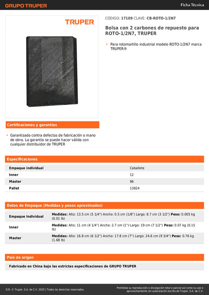 Bolsa con 2 carbones de repuesto para ROTO-1/2N7, TRUPER