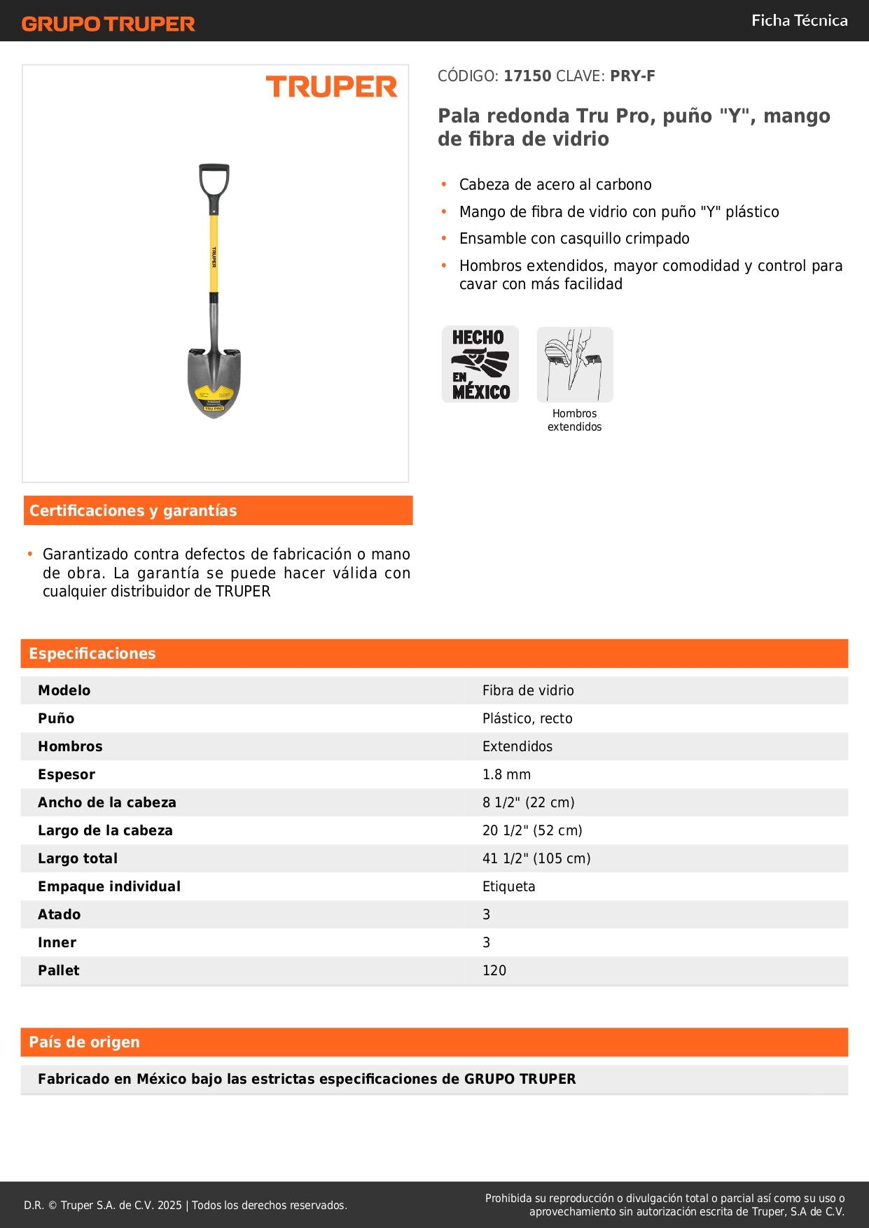 Pala Redonda Tru Pro Fibra de Vidrio - Herramienta Profesional para Excavación Fácil y Cómoda - Mango Resistente Puño Y