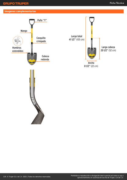 Pala Redonda Tru Pro Fibra de Vidrio - Herramienta Profesional para Excavación Fácil y Cómoda - Mango Resistente Puño Y