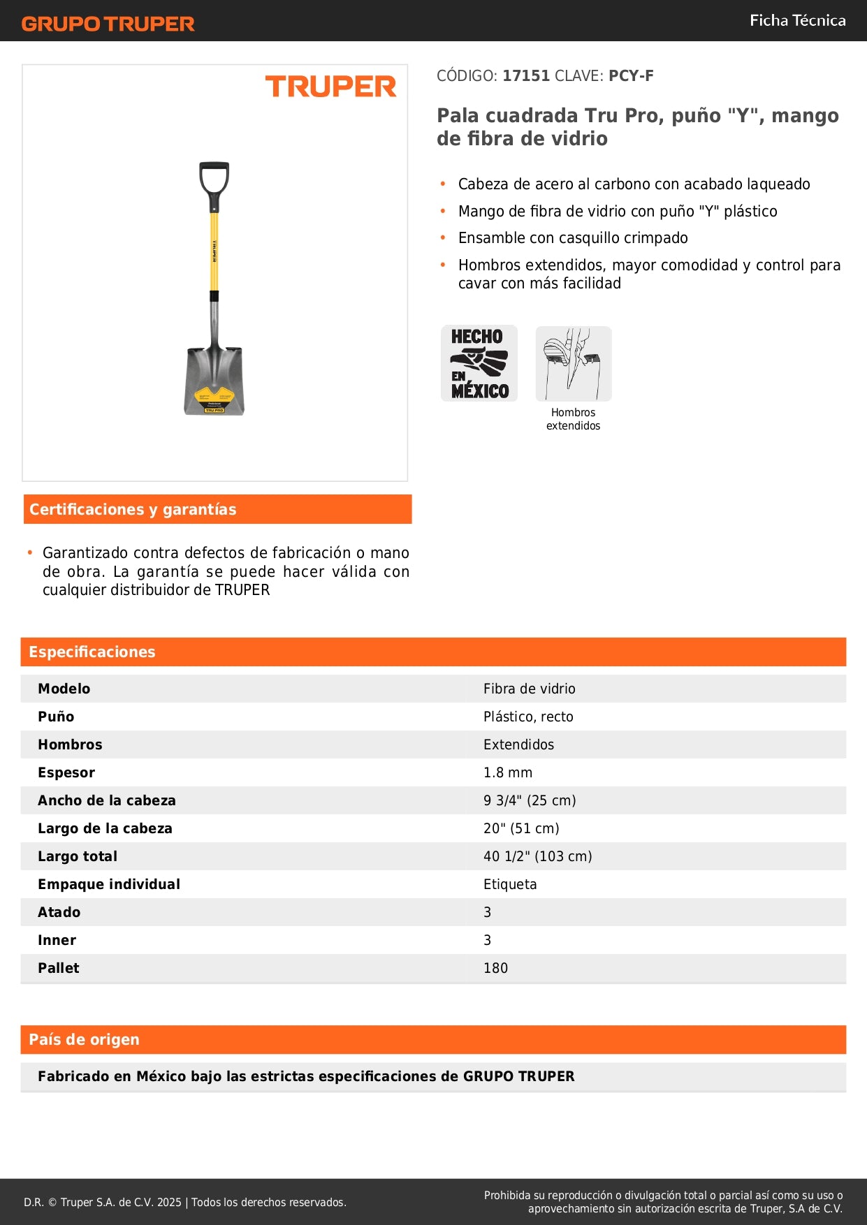 Pala Cuadrada Tru Pro Fibra de Vidrio PCY-F - Herramienta Profesional para Excavación Fácil y Cómoda con Puño Y Ergonómico