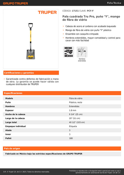 Pala Cuadrada Tru Pro Fibra de Vidrio PCY-F - Herramienta Profesional para Excavación Fácil y Cómoda con Puño Y Ergonómico